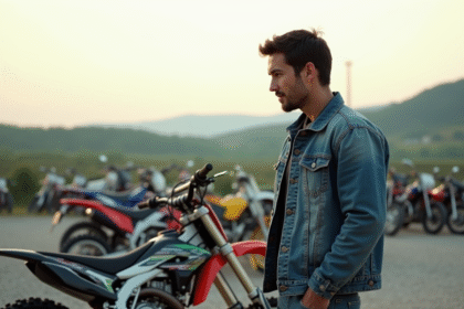 Homme examine un motocross dans un décor rural authentique