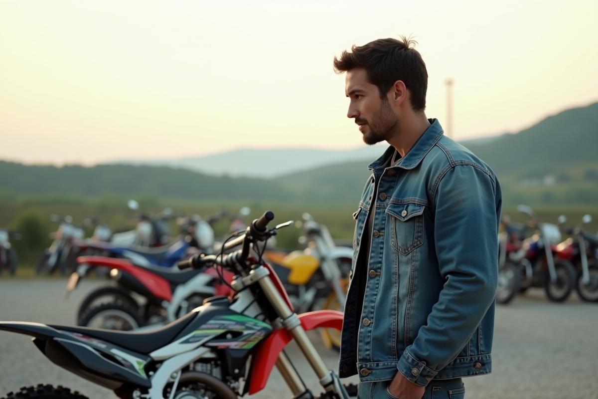 Homme examine un motocross dans un décor rural authentique