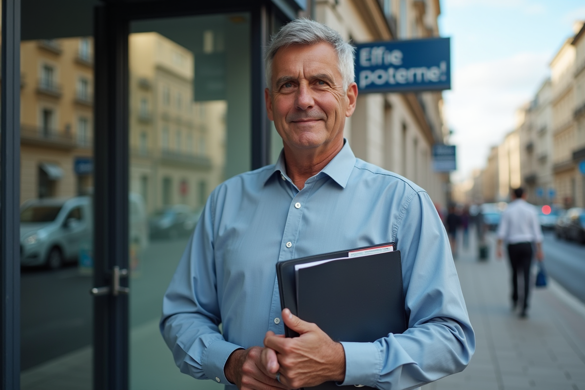 Homme avec dossier carte grise devant un bureau administratif