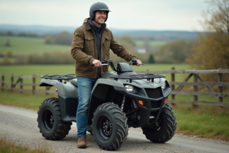 Homme souriant avec casque et quad dans la campagne