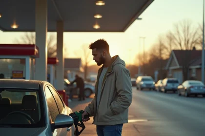 Homme faisant le plein d'essence à la station au matin