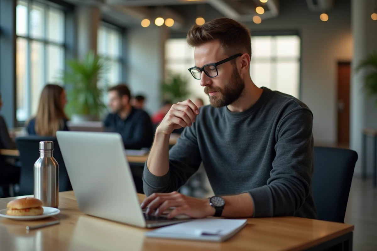 Homme préparant le code de la route en ligne sur son ordinateur portable pendant une pause au bureau