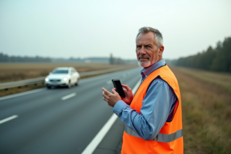 Homme en gilet de sécurité près d'une voiture en panne sur l'autoroute