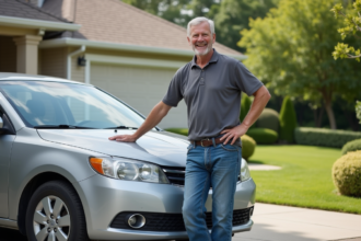 Homme d'âge moyen souriant à côté d'une voiture argentée