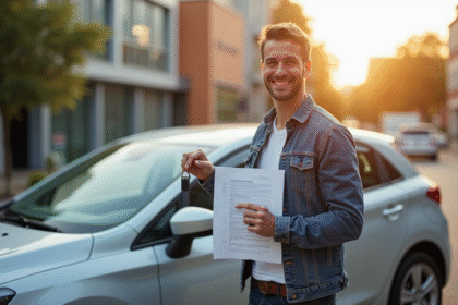 Homme souriant tenant une clé de voiture et un contrat d'assurance