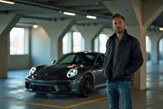 Homme pensif à côté d'une voiture sportive en parking