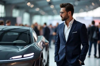 Homme en costume regardant une voiture électrique futuriste