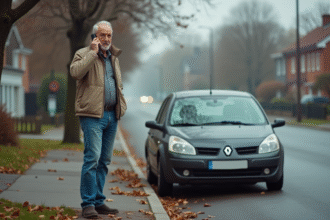 Homme d'âge moyen parlant au téléphone à côté d'une voiture arrêtée