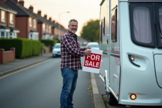 Homme souriant attachant un panneau pour vente de son camping-car
