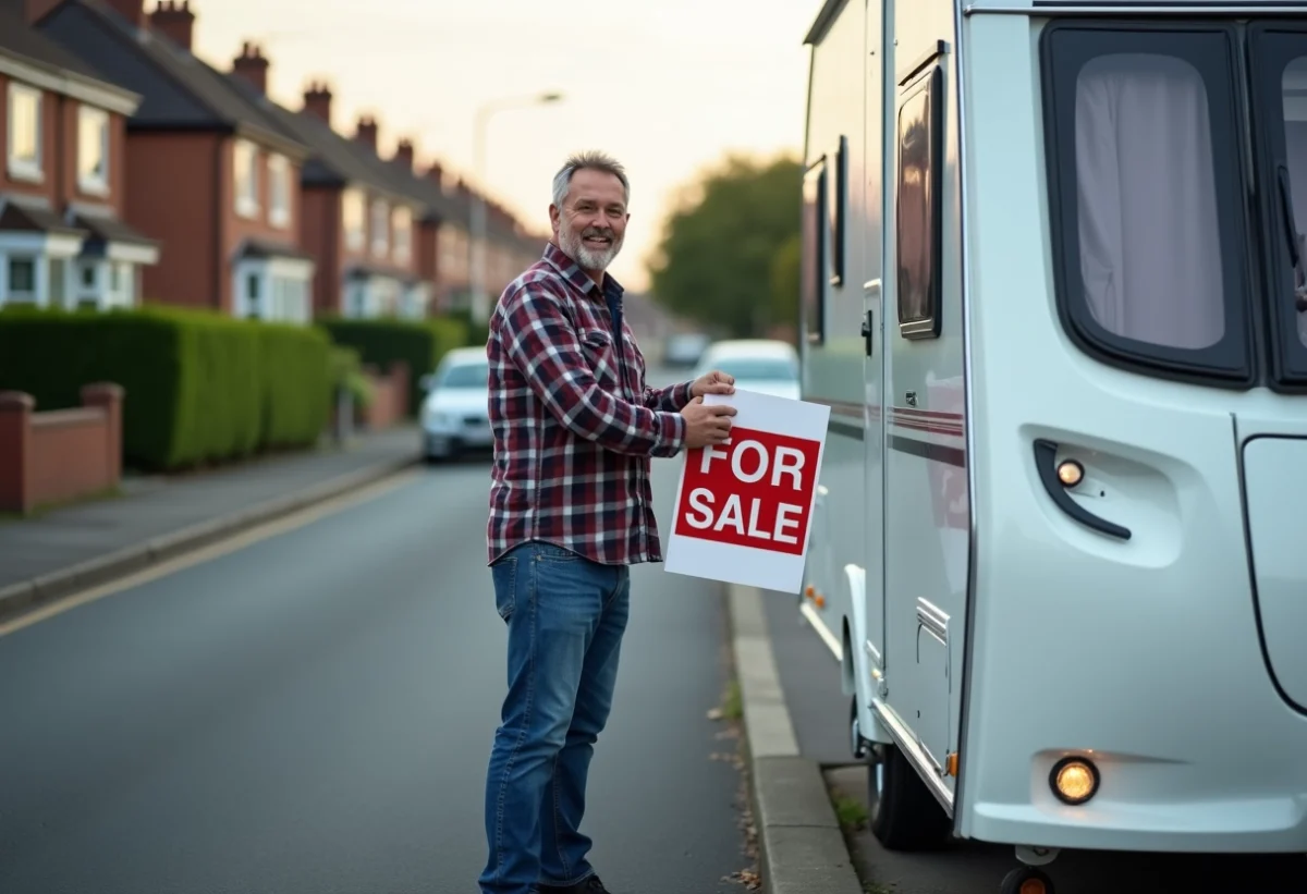 Homme souriant attachant un panneau pour vente de son camping-car