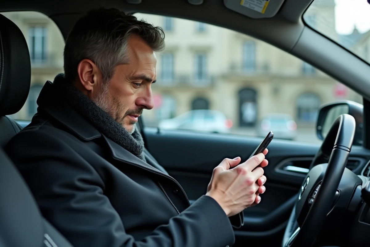 Homme utilisant application de stationnement dans sa voiture