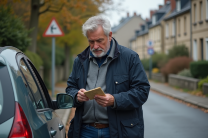 Homme d'âge moyen avec permis français à côté de sa voiture