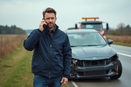 Homme calme au téléphone près de sa voiture en panne