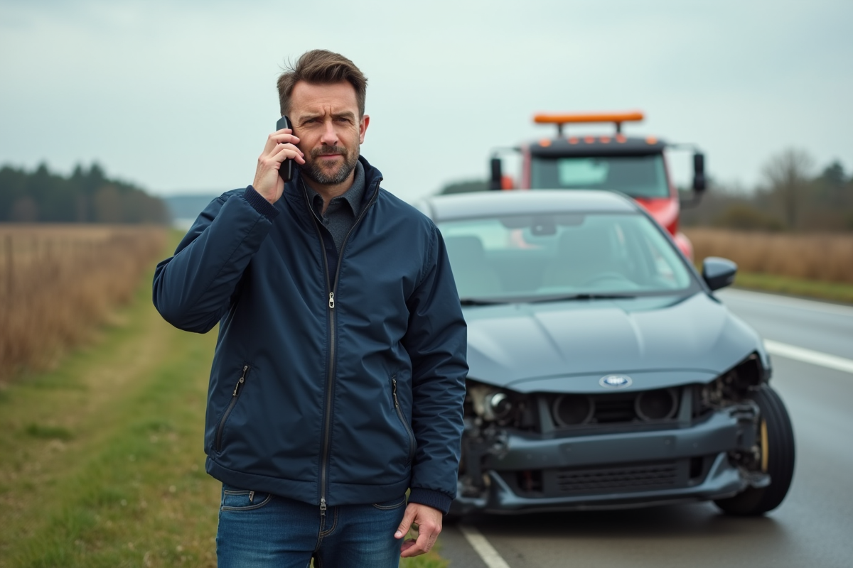 Homme calme au téléphone près de sa voiture en panne