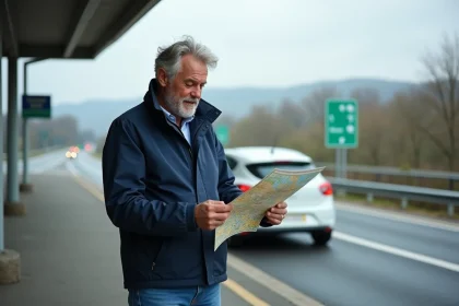 Homme français regardant une carte routière au bord de l'autoroute