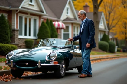 Homme élégant admirant une voiture de sport vintage