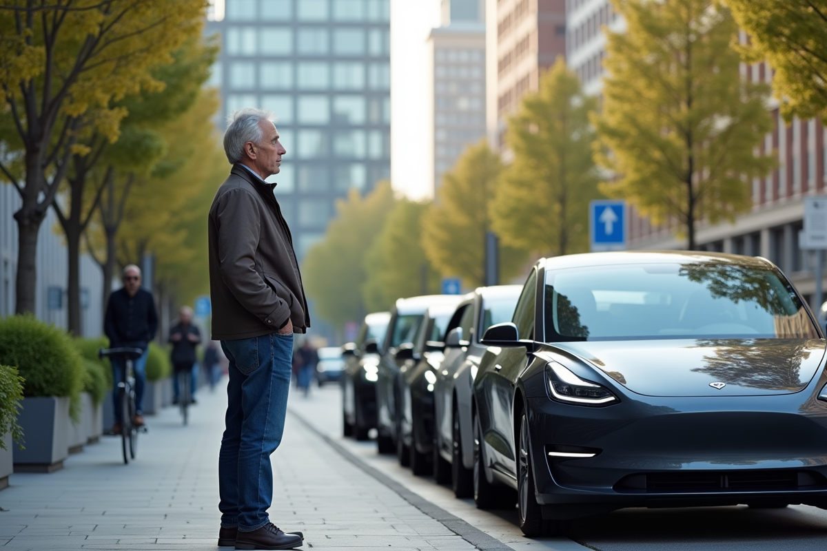 Homme observant des voitures électriques en ville