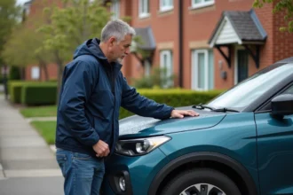 Homme inspectant la voiture crossover en rue résidentielle