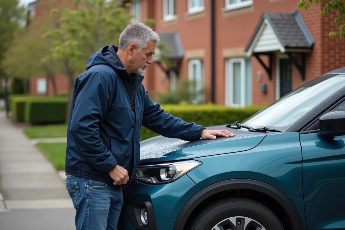 Homme inspectant la voiture crossover en rue résidentielle