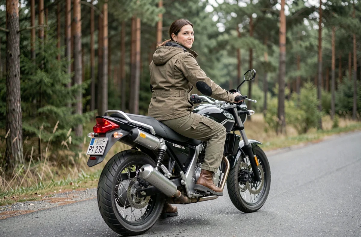 Femme en équipement d'aventure à bord d'une Honda XLV750R sur une route forestière, évaluation ergonomie et position de conduite