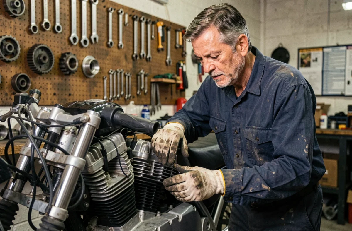 Mécanicien inspectant le moteur V-twin d'une Honda XLV750R dans un atelier de moto indépendant, guide d'achat occasion