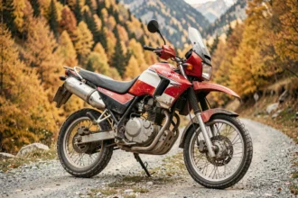 Honda XLV750R garée sur une route de montagne en gravier avec feuillage automnal, vue 3/4 avant mettant en valeur sa silhouette aventurière