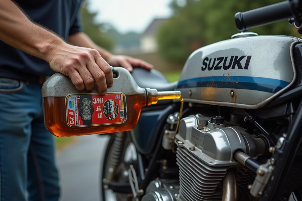 Mécanicien versant de l'huile moteur haute performance dans une Suzuki GSXR 1100 de 1992 en extérieur