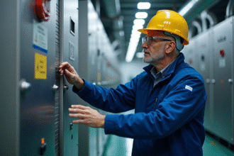 Ingénieur homme en bleu inspectant une pile a hydrogene