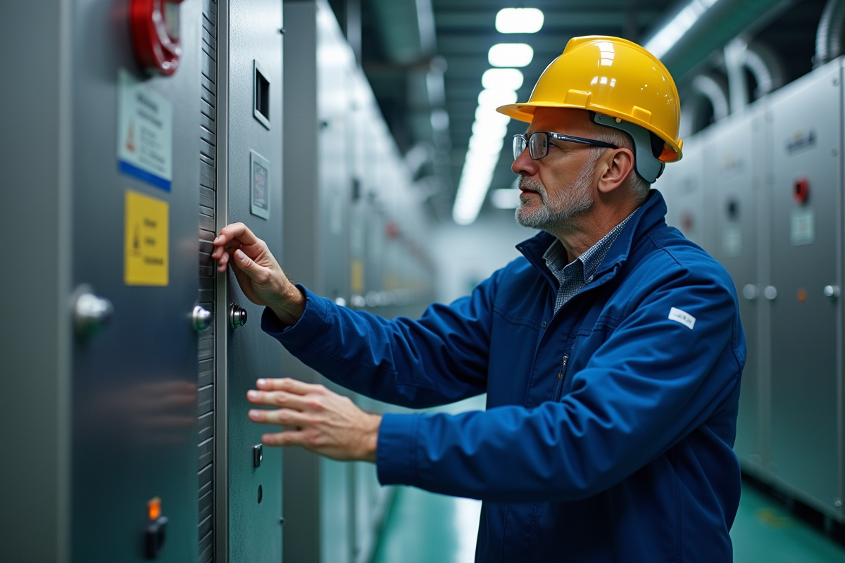 Ingénieur homme en bleu inspectant une pile a hydrogene