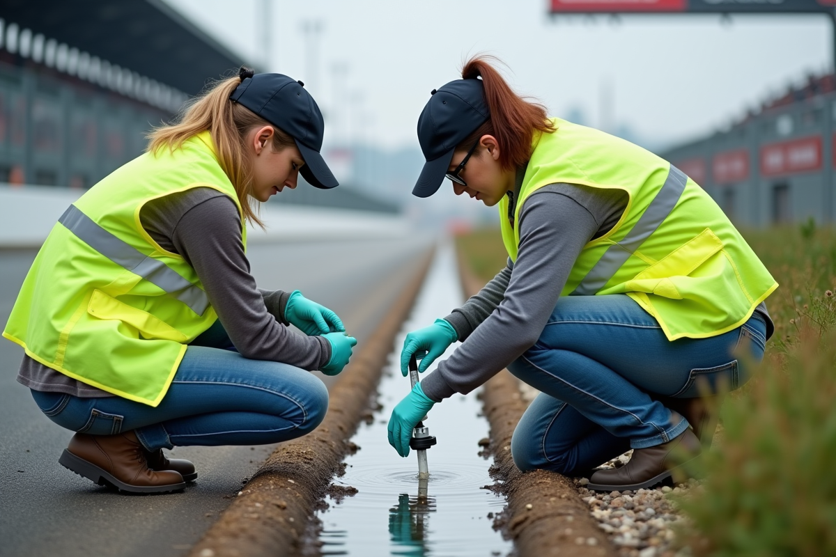 Deux ingénieures environnement près d’un système de filtration