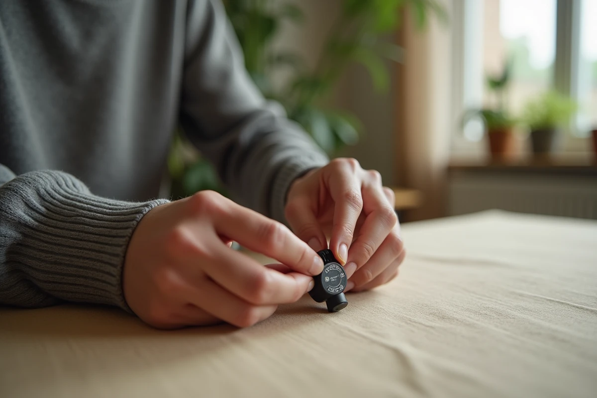 Mains d'un collectionneur inspectant le tampon et le numéro de série au dos d'une réplique Mini Mister Bean pour vérifier son authenticité