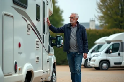 Homme inspectant un camping-car Autostar d'occasion dans un parc de vente de véhicules de loisirs en France