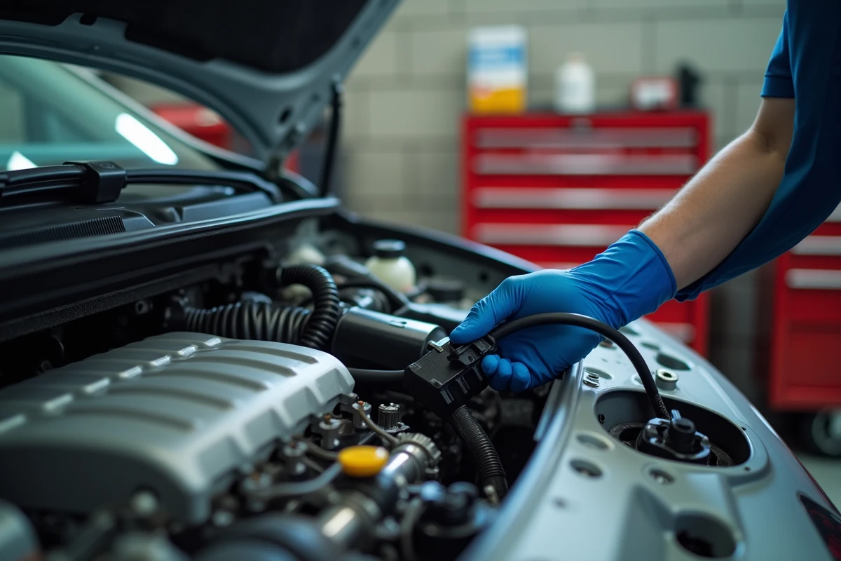 Gros plan sur le rail d'injection et les injecteurs du moteur d'une Renault Clio 5 avec une main de mécanicien inspectant les connecteurs électriques