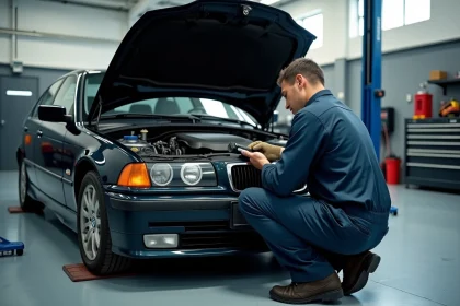 Mécanicien inspectant le moteur M47 d'une BMW d'occasion dans un atelier automobile