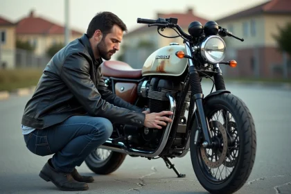 Homme inspectant une moto d'occasion dans un parking avant achat, vérification du moteur