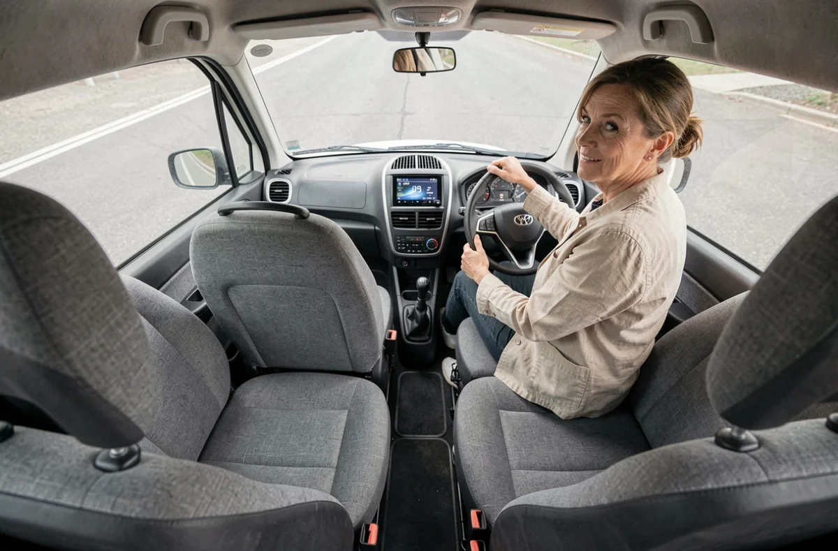 Intérieur d'une voiture sans permis quatre places avec tableau de bord et sièges en tissu gris, conductrice assise au volant