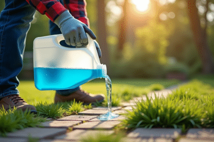 Jardinier verse de l'AdBlue sur des mauvaises herbes entre pavés