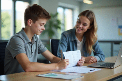 Adolescent et parent au bureau de formation BSR en journée