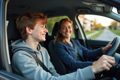 Jeune adolescent en voiture avec femme encourageante