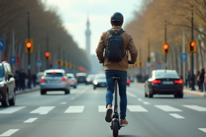 Jeune adulte roulant en scooter électrique dans Paris