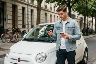 Jeune conducteur debout à côté d'une Fiat 500 blanche en ville, consultant son smartphone pour comparer des assurances auto