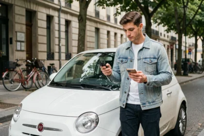 Jeune conducteur debout à côté d'une Fiat 500 blanche en ville, consultant son smartphone pour comparer des assurances auto