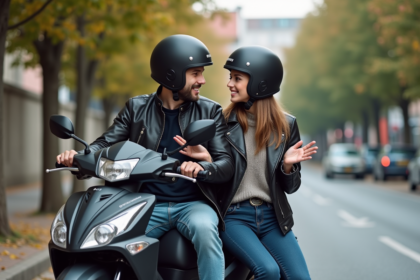 Jeune couple en moto urbaine en conversation détendue