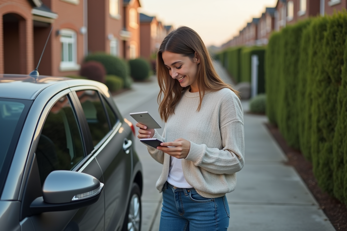 Jeune femme avec sa voiture remet une carte d