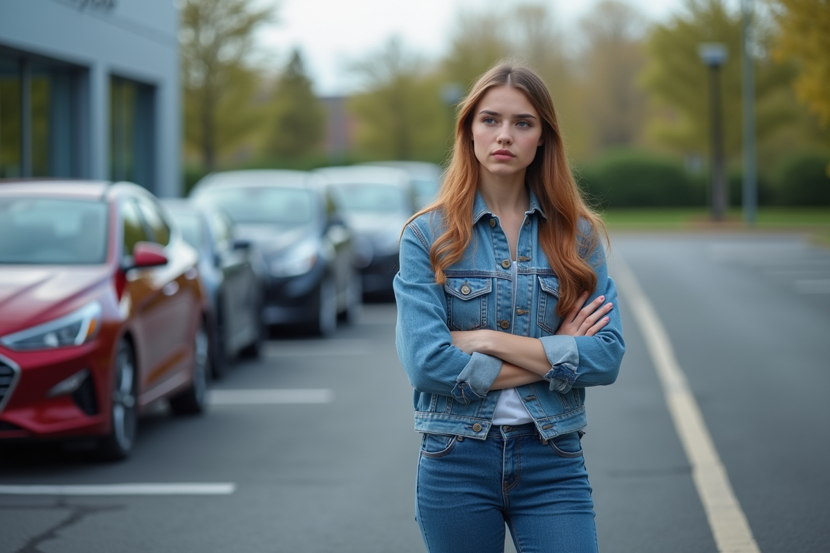 Jeune femme observant voitures hybrides en concession