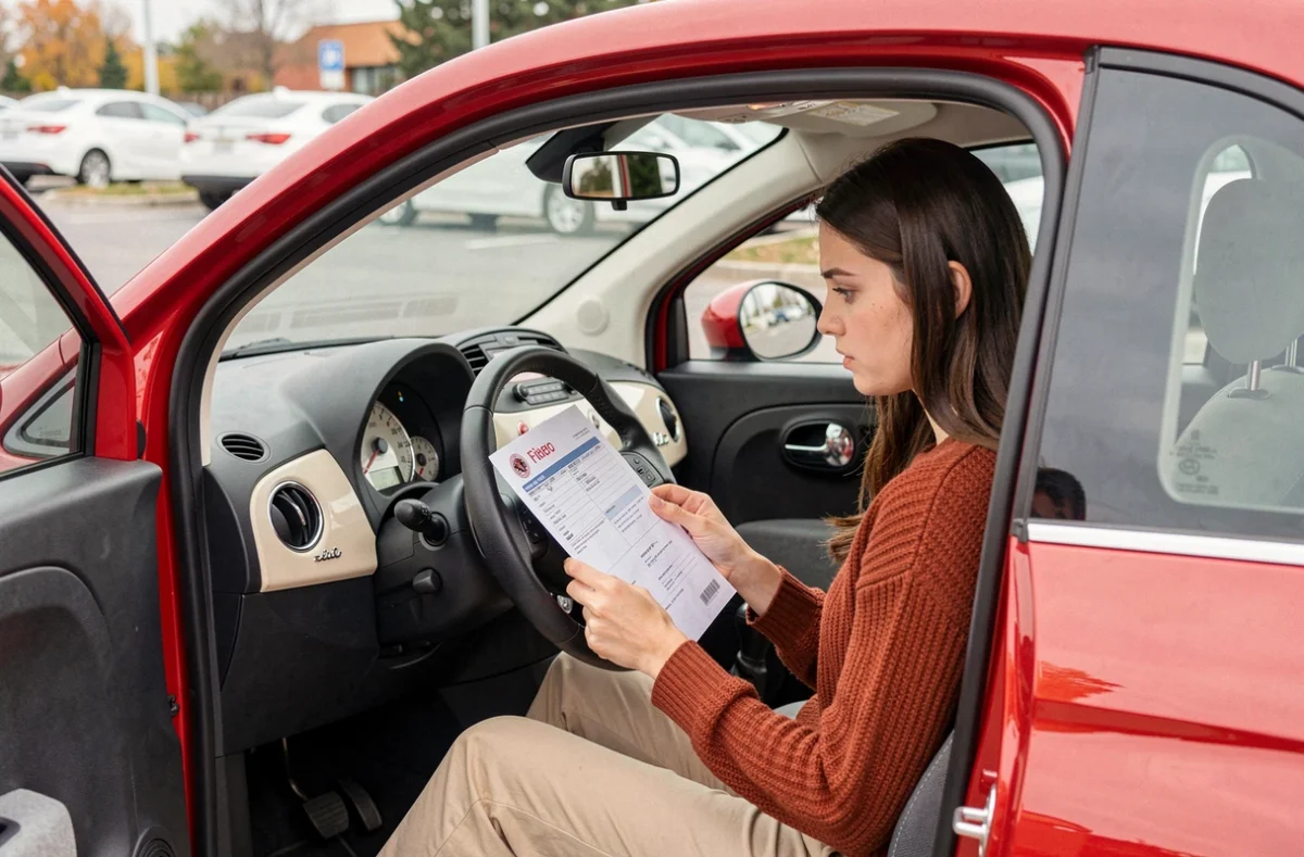 Jeune femme assise dans une Fiat 500 rouge consultant des documents d'assurance auto sur le volant