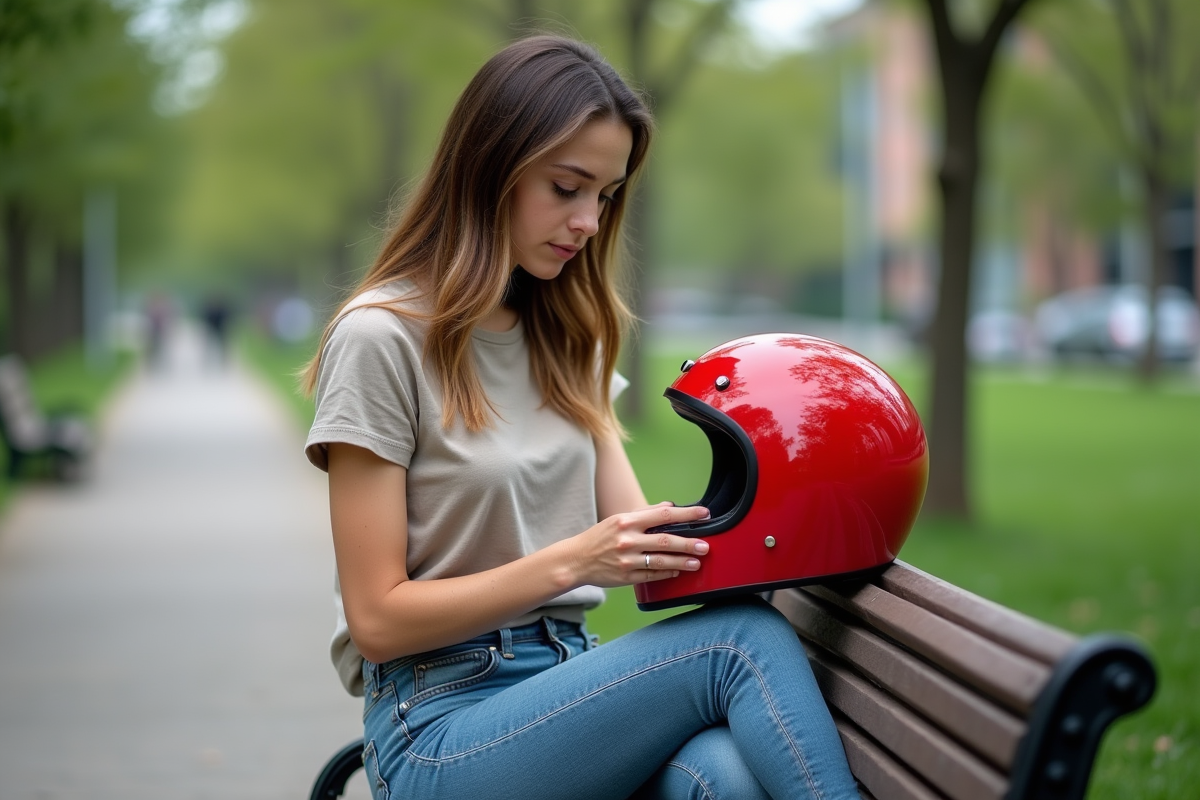 Jeune femme regardant son casque moto rouge en plein air