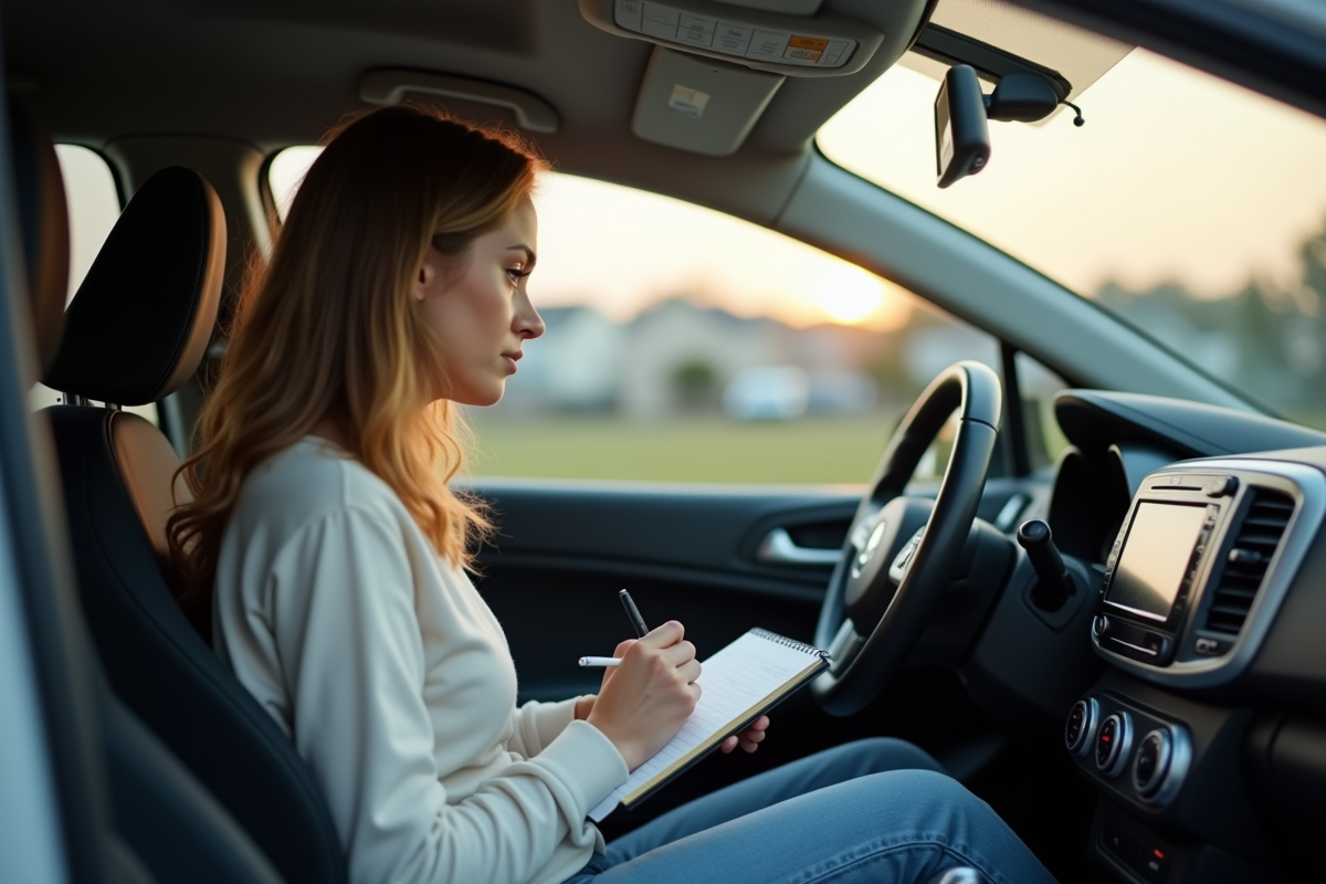 Jeune femme note le compteur de sa voiture dans un carnet