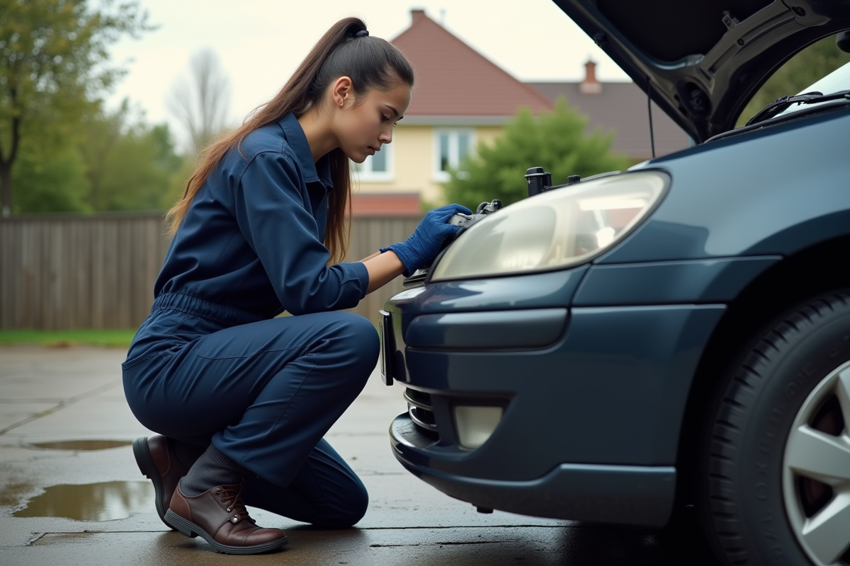 Jeune mécanicienne inspectant le moteur d