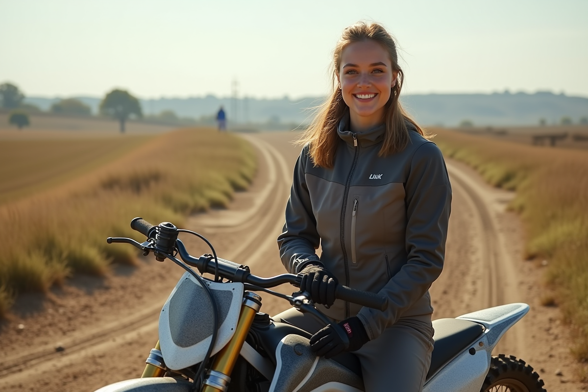 Jeune femme souriante sur une moto tout-terrain en campagne